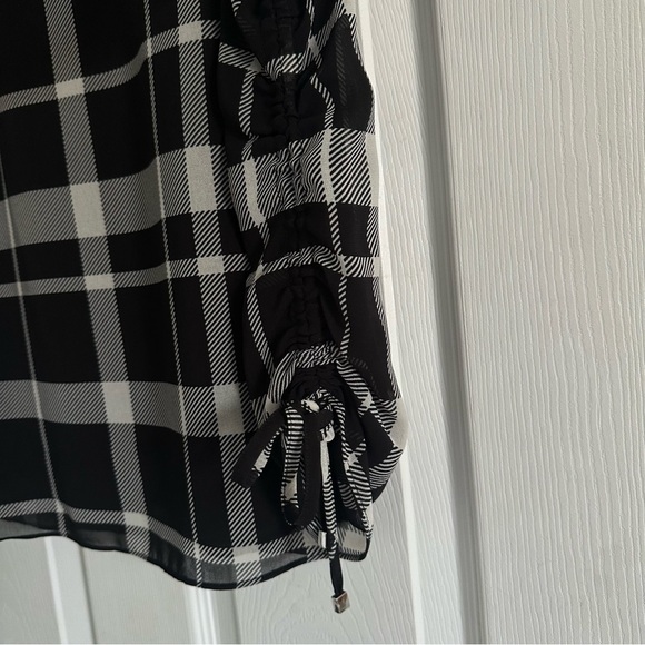 Size L Cabin Klein Black and White Gingham Plaid Chiffon Top with Ruched Sleeves - Picture 5 of 5